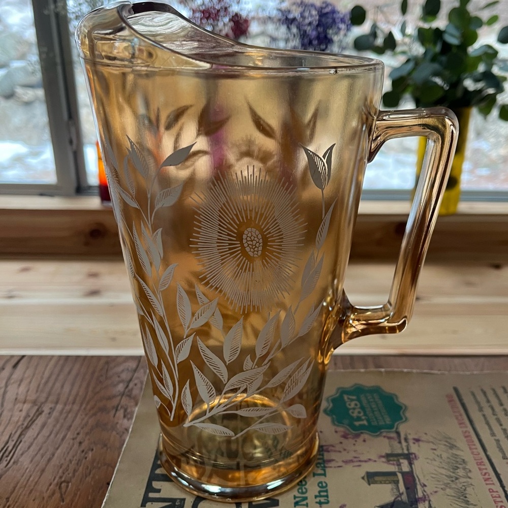 ✨Vintage Amber Glass Floral Etched Water Pitcher | 1930s Depression Style